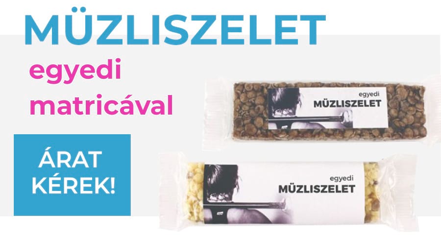 Müzliszelet egyedi matricával, müzli reklámajándék