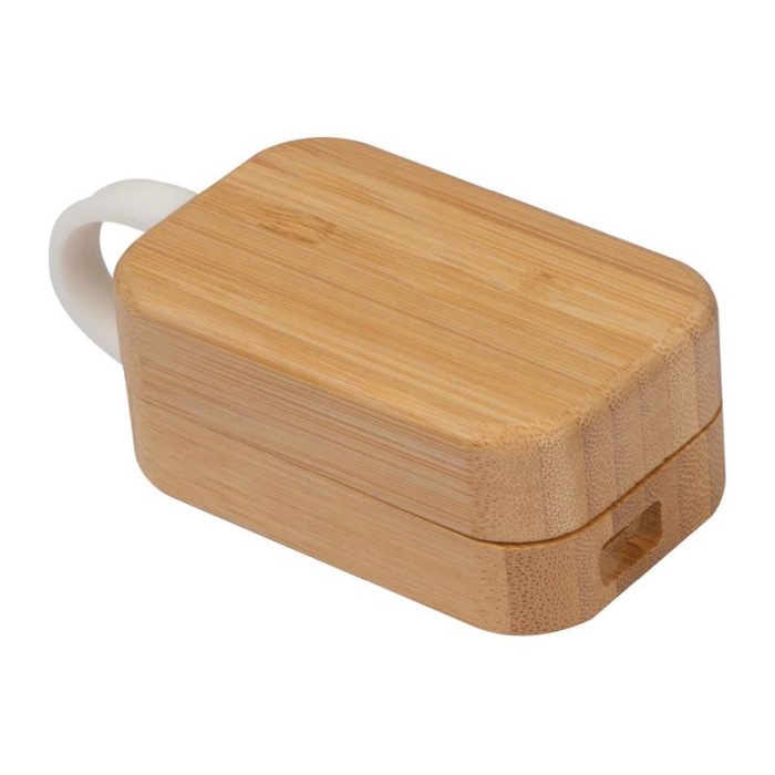 Reklámajándék: Bluetooth fülhallgató bambusz dobozban, bézs