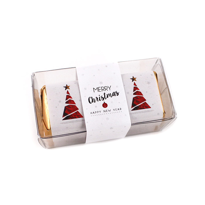 Logózott csoki kocka átlátszó dobozkában, karácsonyra