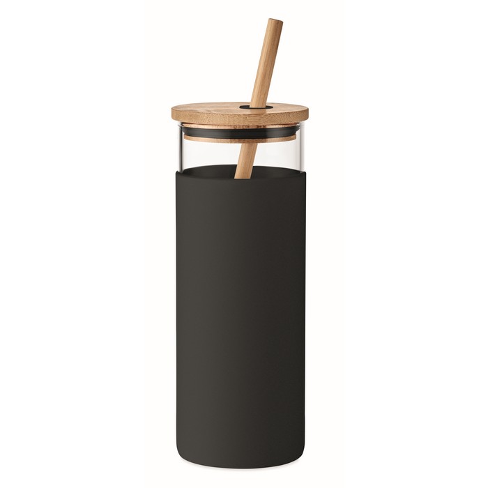 Strass üvegpohár bambusz fedéllel, fekete