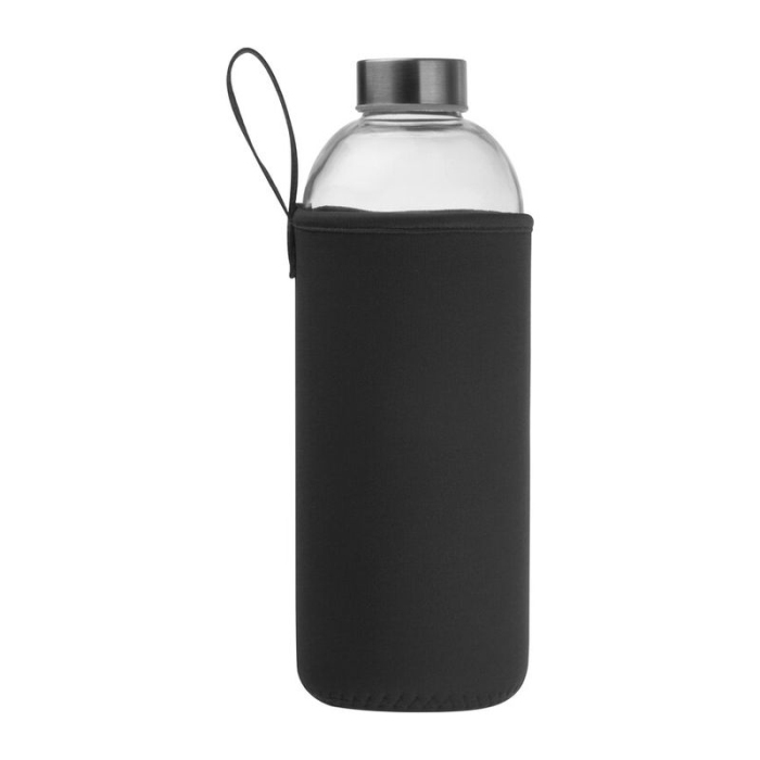 Reklámajándék: Üveg reklám ivópalack neoprén tokban, 1000 ml, fekete