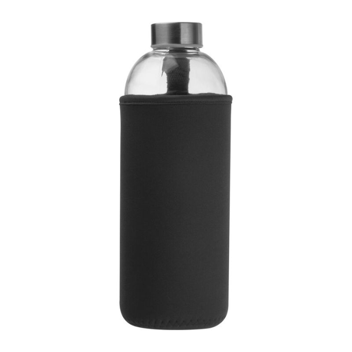 Reklámajándék: Üveg reklám ivópalack neoprén tokban, 1000 ml, fekete