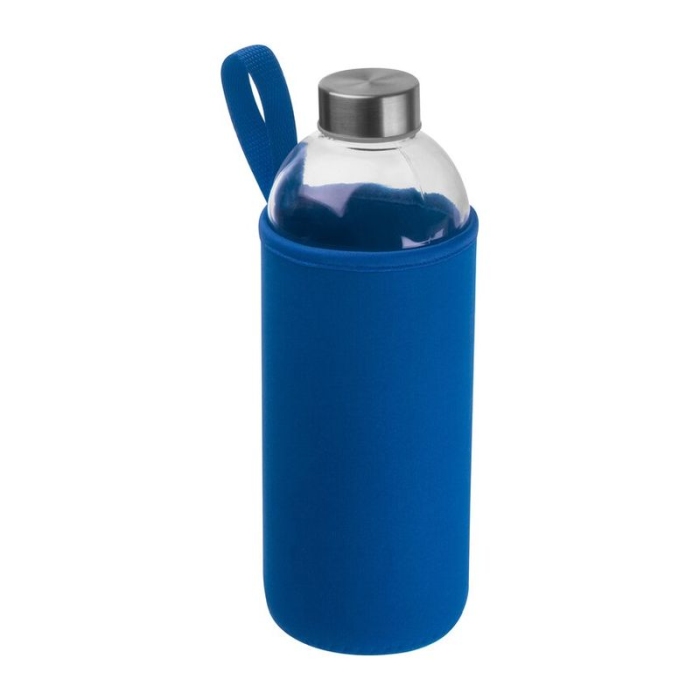 Reklámajándék: Üveg reklám ivópalack neoprén tokban, 1000 ml, kék