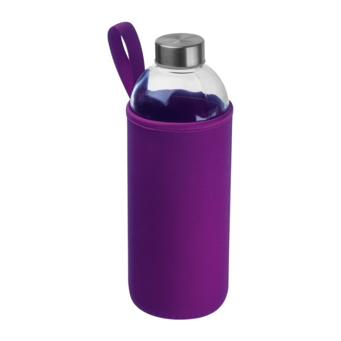 Reklámajándék: Üveg reklám ivópalack neoprén tokban, 1000 ml, lila