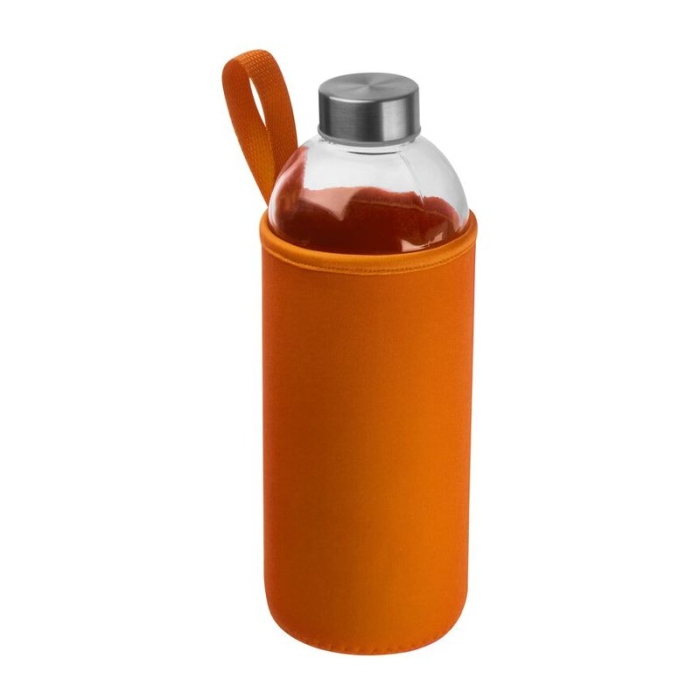 Reklámajándék: Üveg reklám ivópalack neoprén tokban, 1000 ml, narancssárga