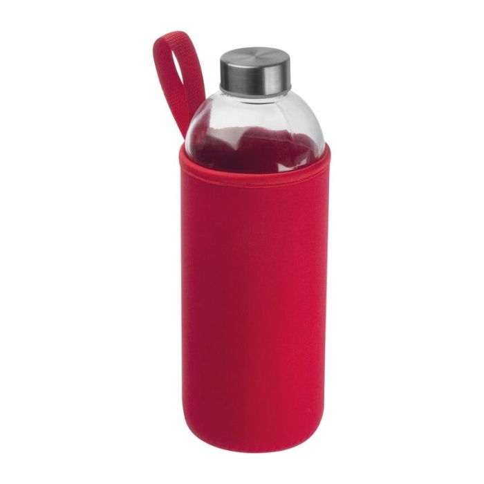 Reklámajándék: Üveg reklám ivópalack neoprén tokban, 1000 ml, piros