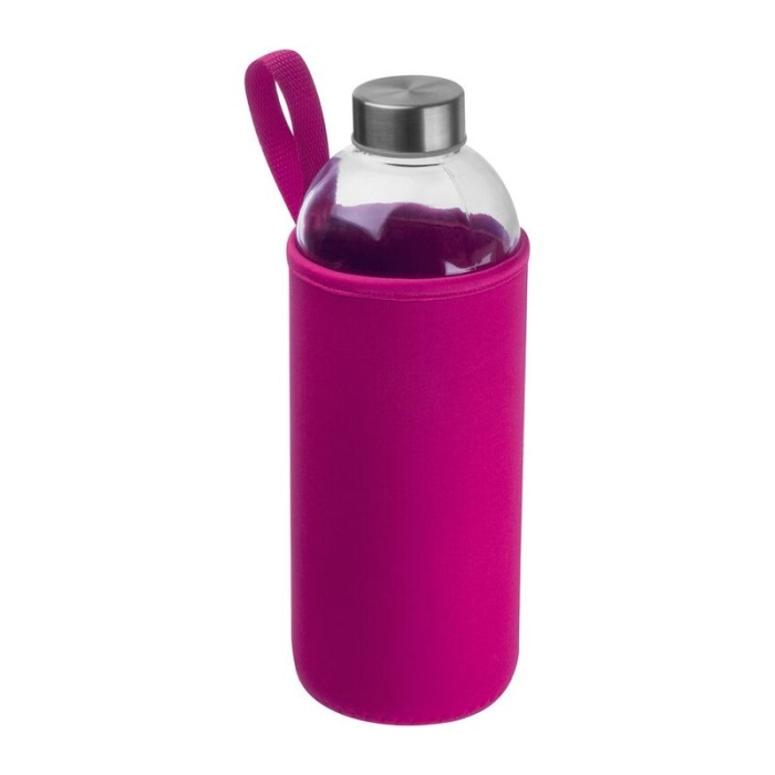 Reklámajándék: Üveg reklám ivópalack neoprén tokban, 1000 ml, rózsaszín