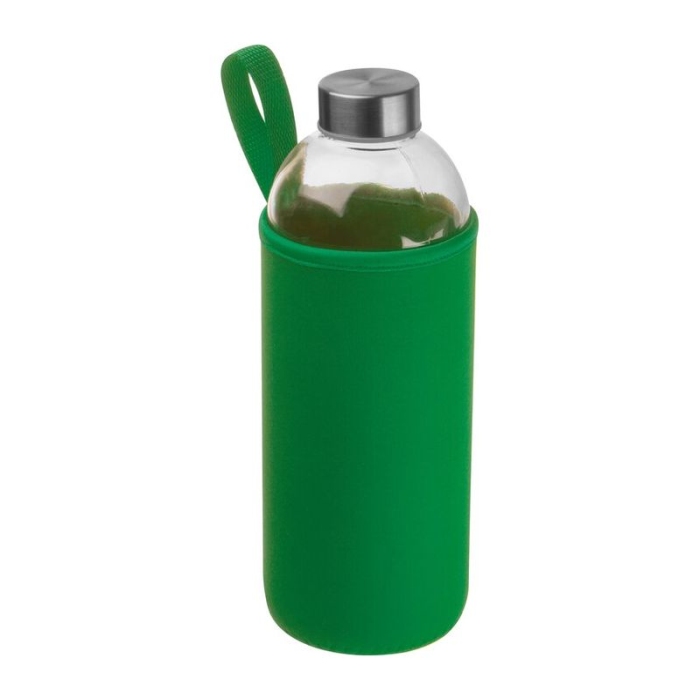 Reklámajándék: Üveg reklám ivópalack neoprén tokban, 1000 ml, zöld