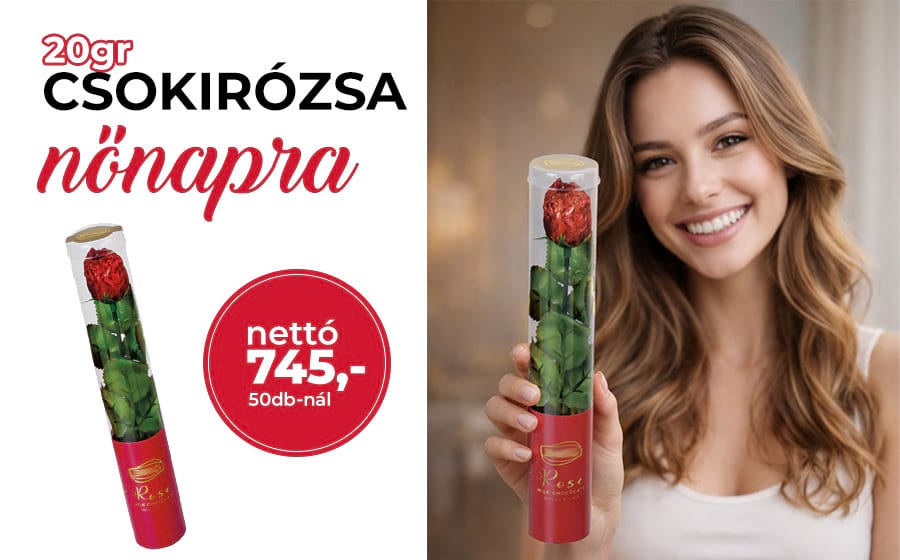 Nőnapi reklámcsoki, csokirózsa, logózott reklám csokoládé nőnap
