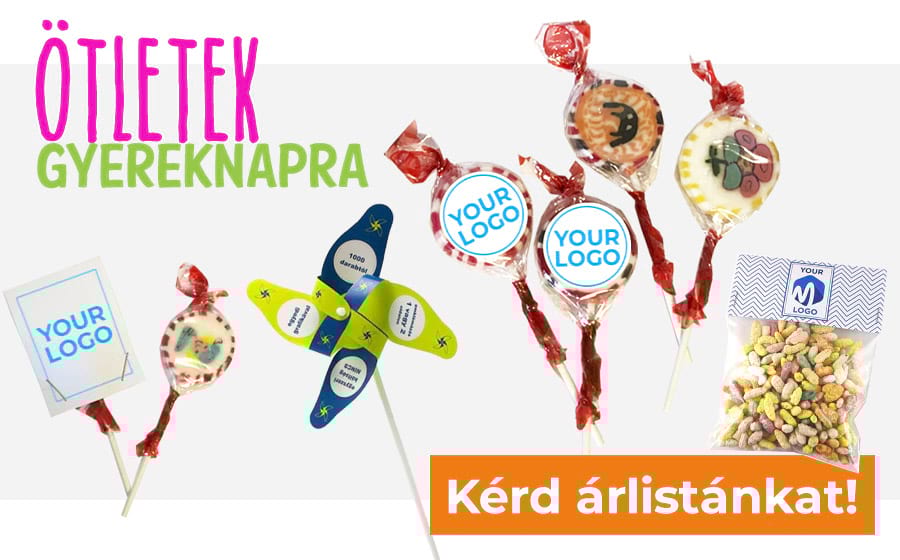 Gyereknapi nyalóka, szélforgó, reklámcsoki, logózott reklám csokoládé gyereknap