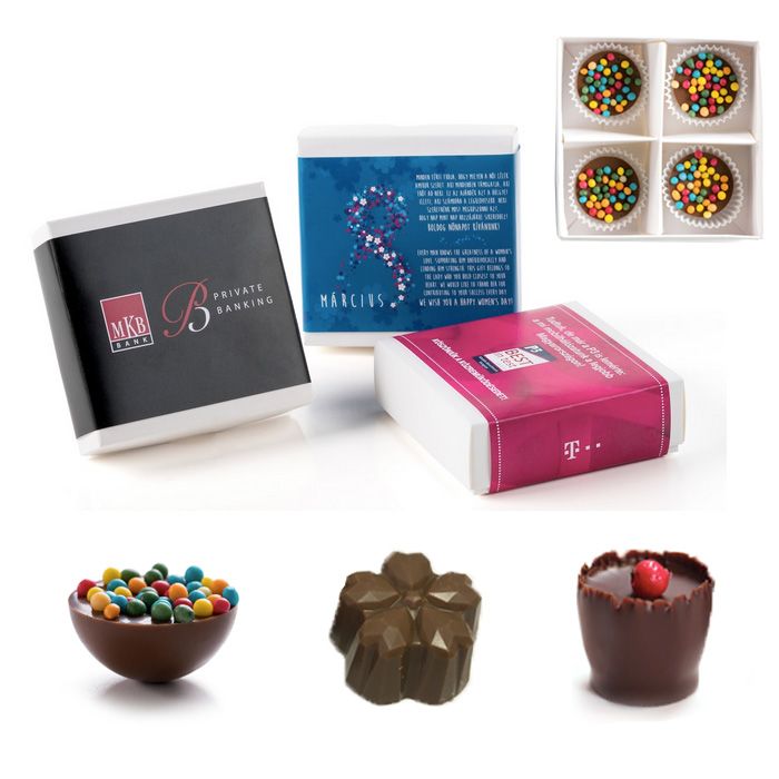Céges csoki: 4 db Belga csokoládés bonbon egyedi papírdobozban