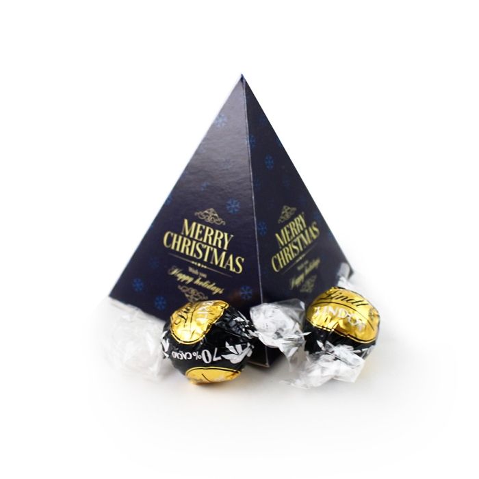 Karácsonyi Céges Ajándék: Lindt golyók logózott piramis dobozban, karácsonyra