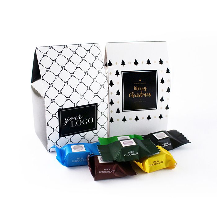 Karácsonyi Céges Ajándék: Színes csokikockák céglogós papírdobozban, karácsony