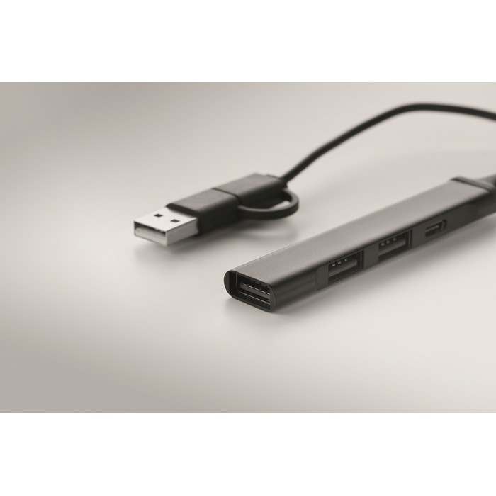 Reklámajándék | Current USB 4 portos hub, 19 cm kábel, fekete