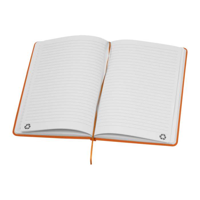 A5 újrahasznosított egyedi jegyzetfüzet RPU borítóval, narancssárga | Reklámajándék, reklámtárgy, céges ajándék, egyedi reklámajándék Reklámajándék | A5 újrahasznosított egyedi jegyzetfüzet RPU borítóval, narancssárga