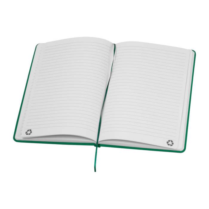 Reklámajándék | A5 újrahasznosított egyedi jegyzetfüzet RPU borítóval, zöld
