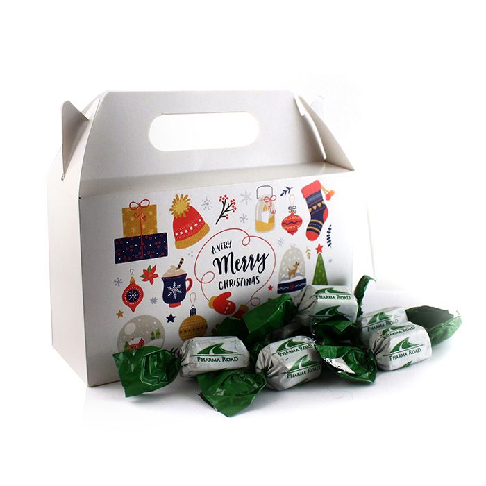 Céges Karácsonyi Ajándék: Egyedi reklám szaloncukor papírdobozban