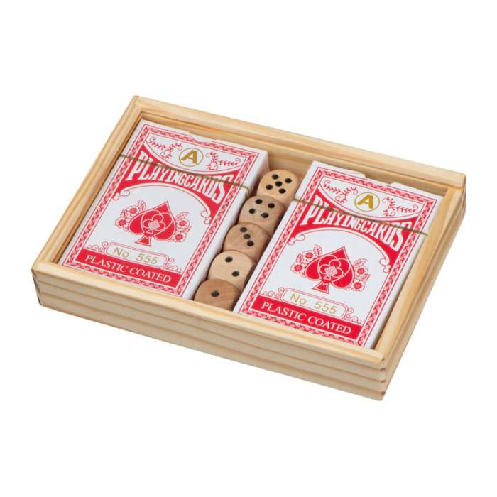 Reklámajándék | Kártyajáték fadobozban kockával, bézs
