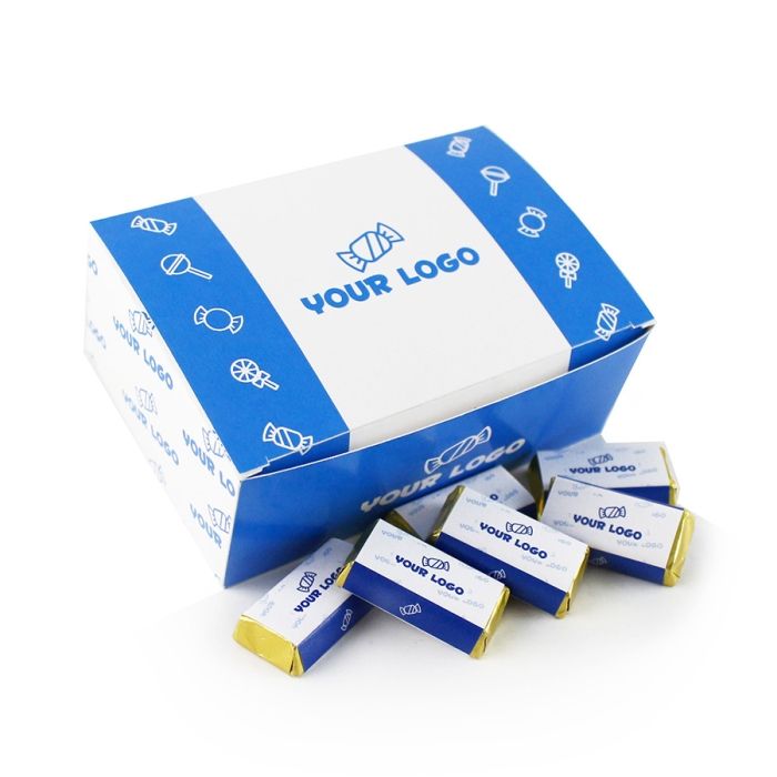 Emblémázható Céges Csoki: Mini reklámcsoki egyedi papírdobozban