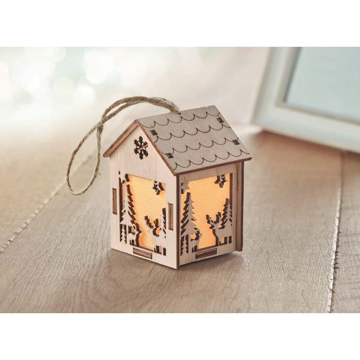 Reklámajándék | Ponia Fa házikó fénnyel, natúr