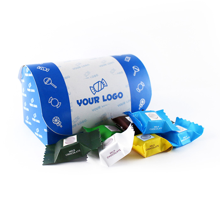 Promóciós Dobozos Reklámédesség logózás: Színes csokikockák logós ládikó dobozban Promóciós Reklám Csokoládé: Színes csokikockák logós ládikó dobozban